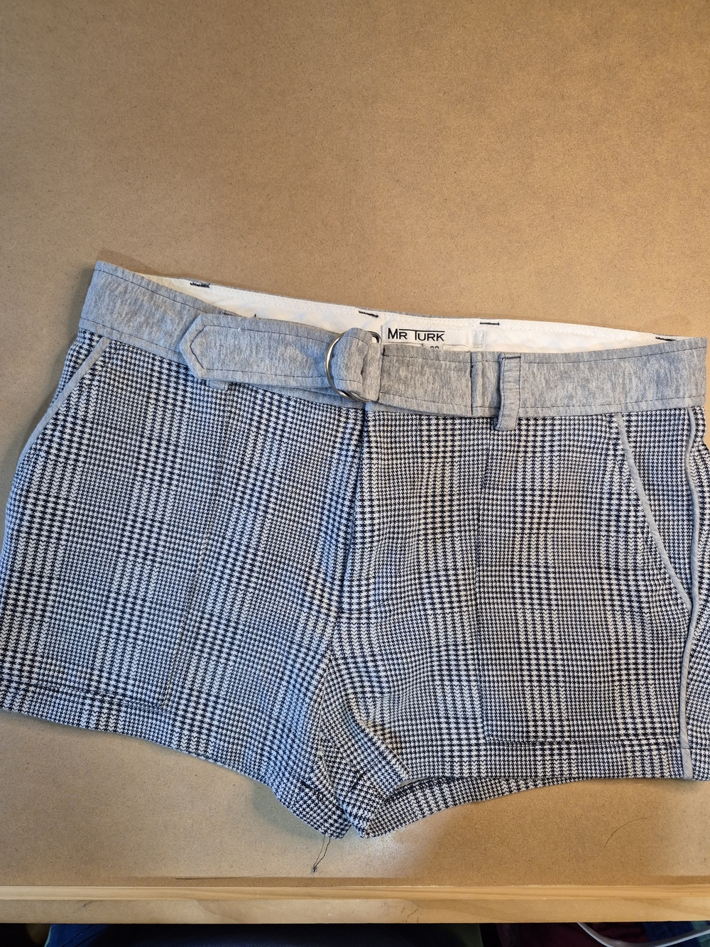 Mr Turk Gray and Black Gingham Flat-Front Men’s Shorts with Fabric Belt